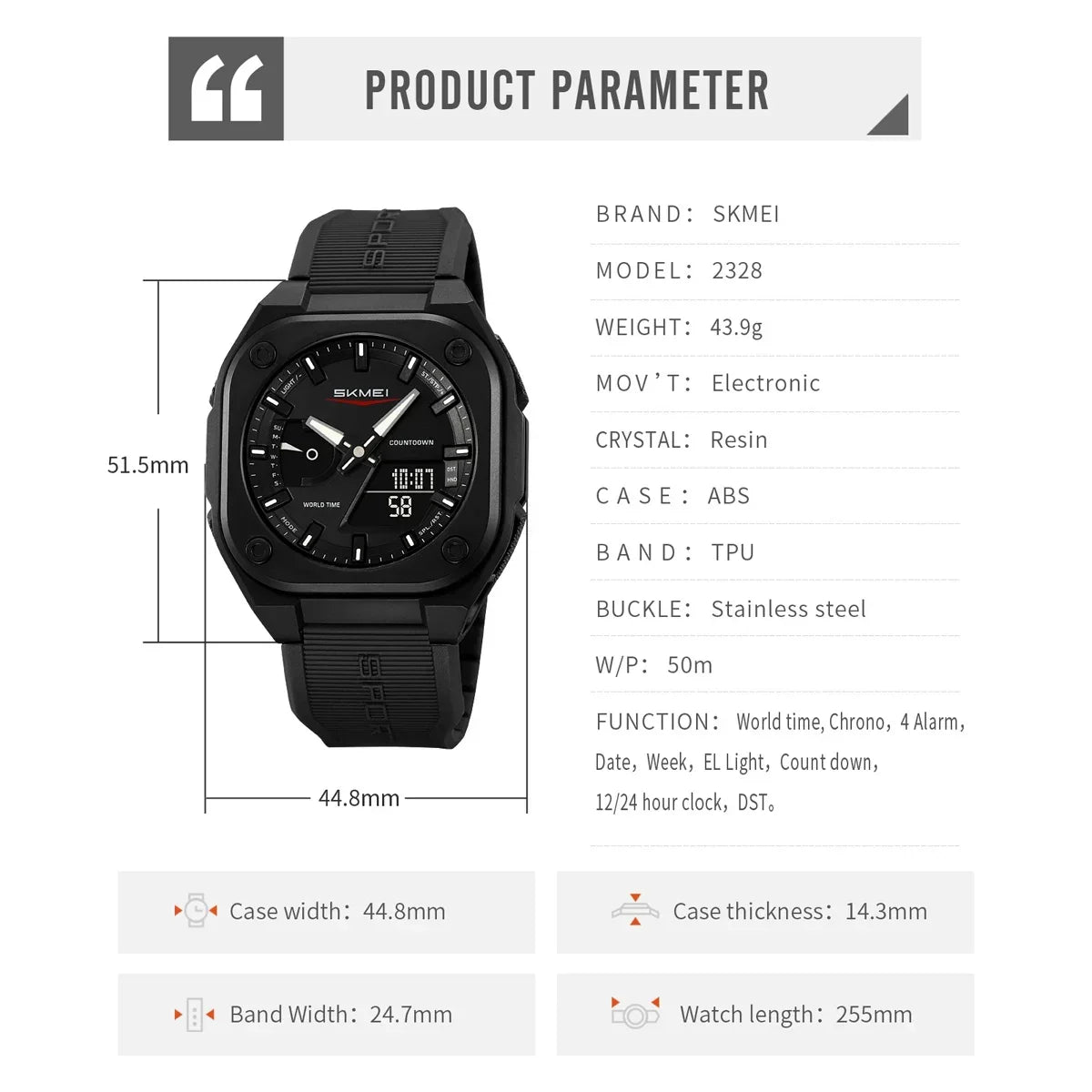 SKMEI Waterproof Digital Electronic Wristwatch for Men, Alarm Clock, Sports Watches, Business Fashion, 2328