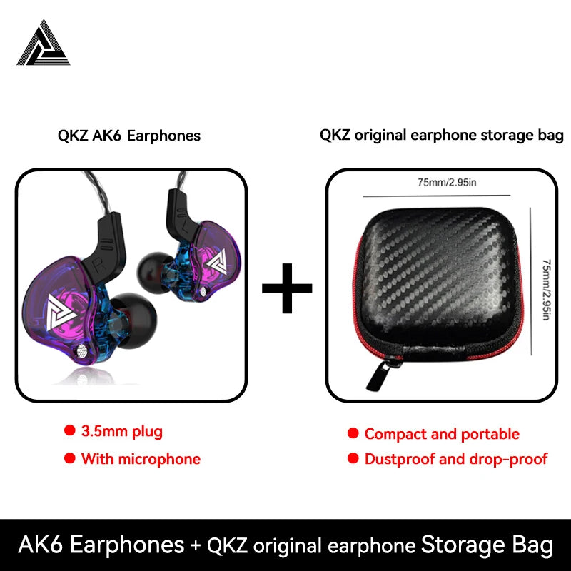 Original QKZ AK6 Copper Driver HiFi Wired Earphone 3.5MM Running Sports Headset Bass Stereo Headphone Music Earbuds In-ear with Mic
