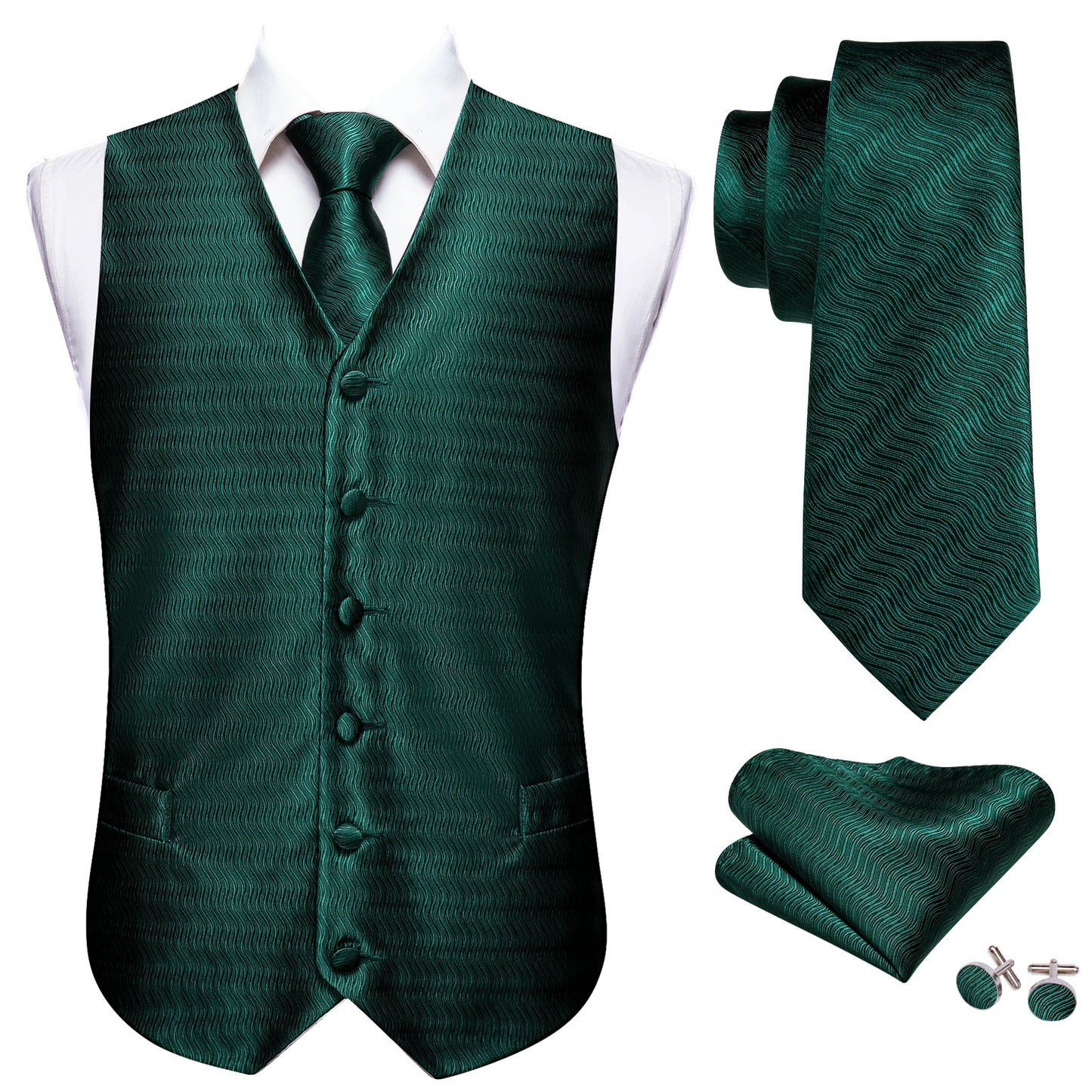 Lujo para hombre, conjunto de chaleco verde Paisley Floral Slim, para hombre, chaleco de vestir sin mangas, formal de trabajo, con corbata y pañuelo, de Barry Wang