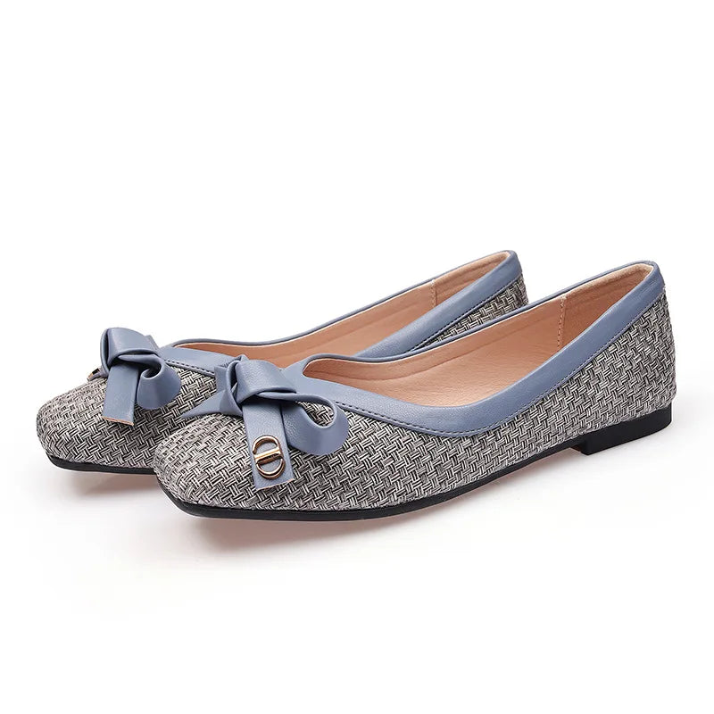 Zapatos de mujer 2025 nueva pajarita tejida punta cuadrada bailarinas de mujer Suela blanda zapatos de mujer de moda de talla grande Zapatos de mujer
