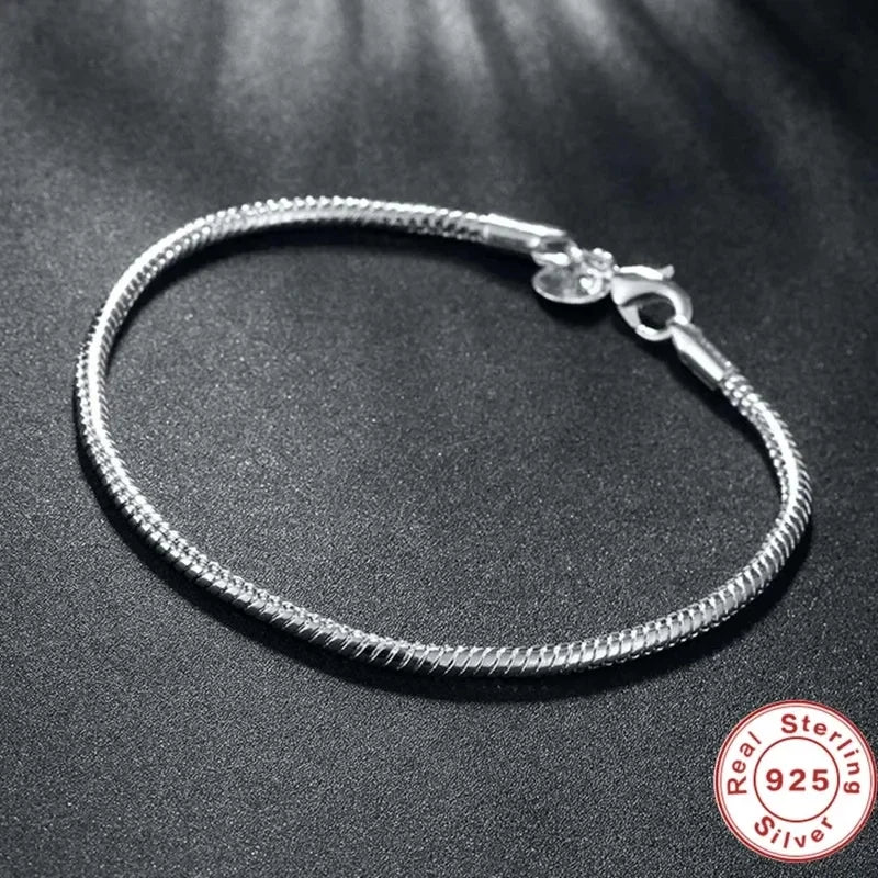 Joyas finas originales hechas a mano, Pulsera de abalorios de plata de ley 925, suave y lisa, de hueso de serpiente, para mujeres