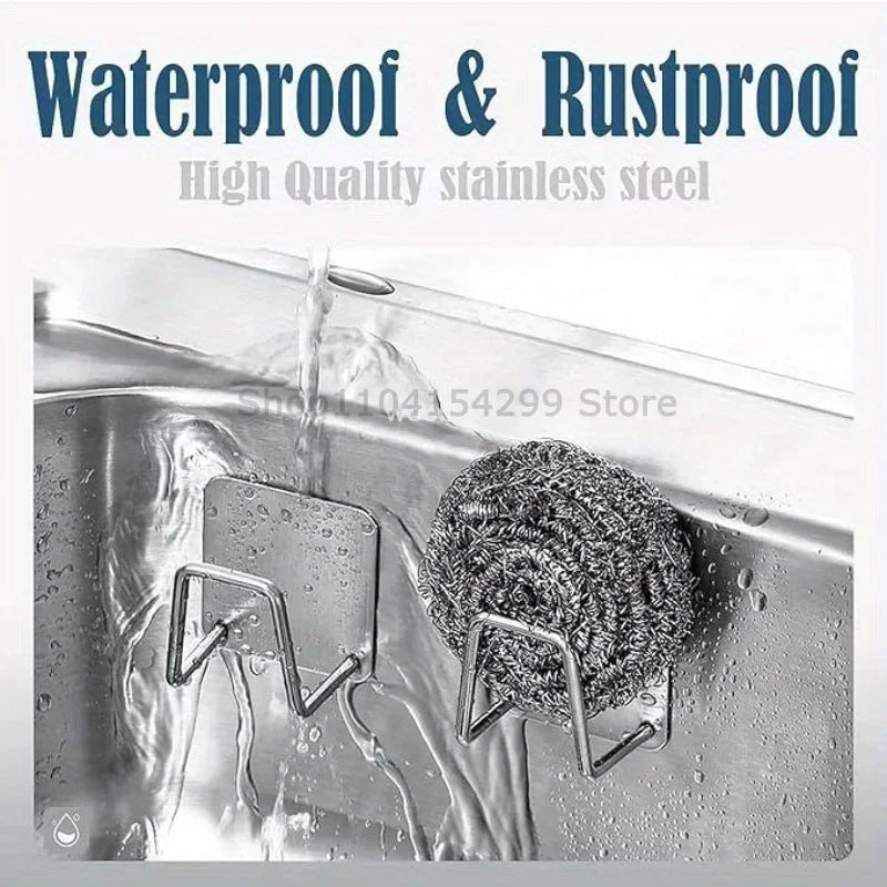 Stainless Steel Kitchen Sponge Holder, Sink Sponge Drying Rack, Self-Adhesive Storage Holder, Wall Hooks, Kitchen Organizer