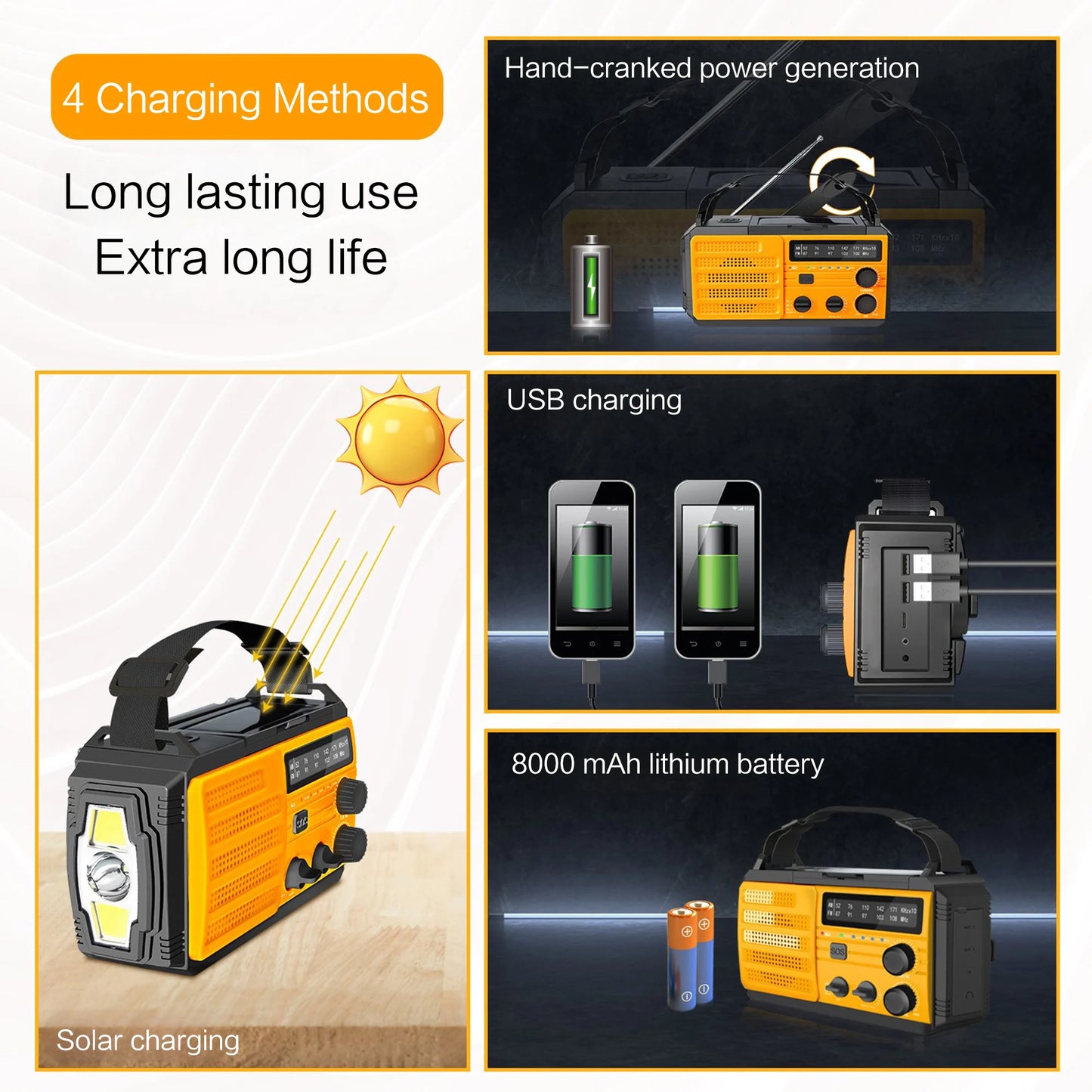 Radio météo d'urgence multifonctionnelle, FM AM WB, manivelle, charge USB solaire, batterie externe 2000mAh, lampe torche LED