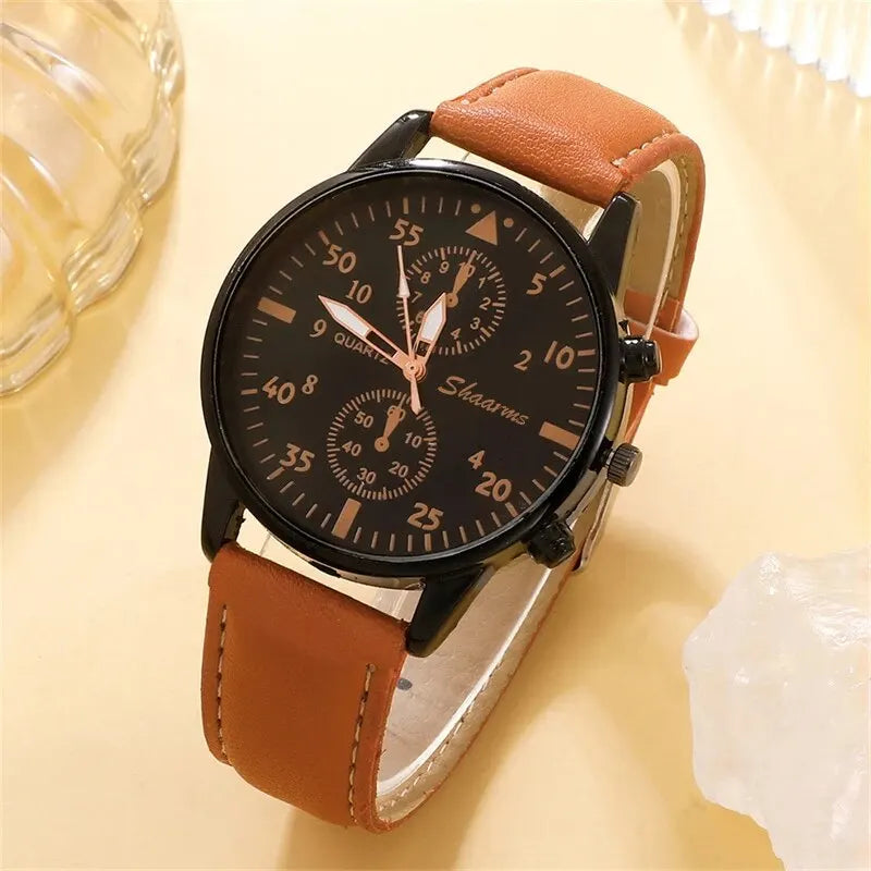 Nuevo conjunto de reloj de pulsera de lujo para hombre, moda de negocios, relojes de cuarzo de cuero marrón para hombre, regalo Relogio Masculino
