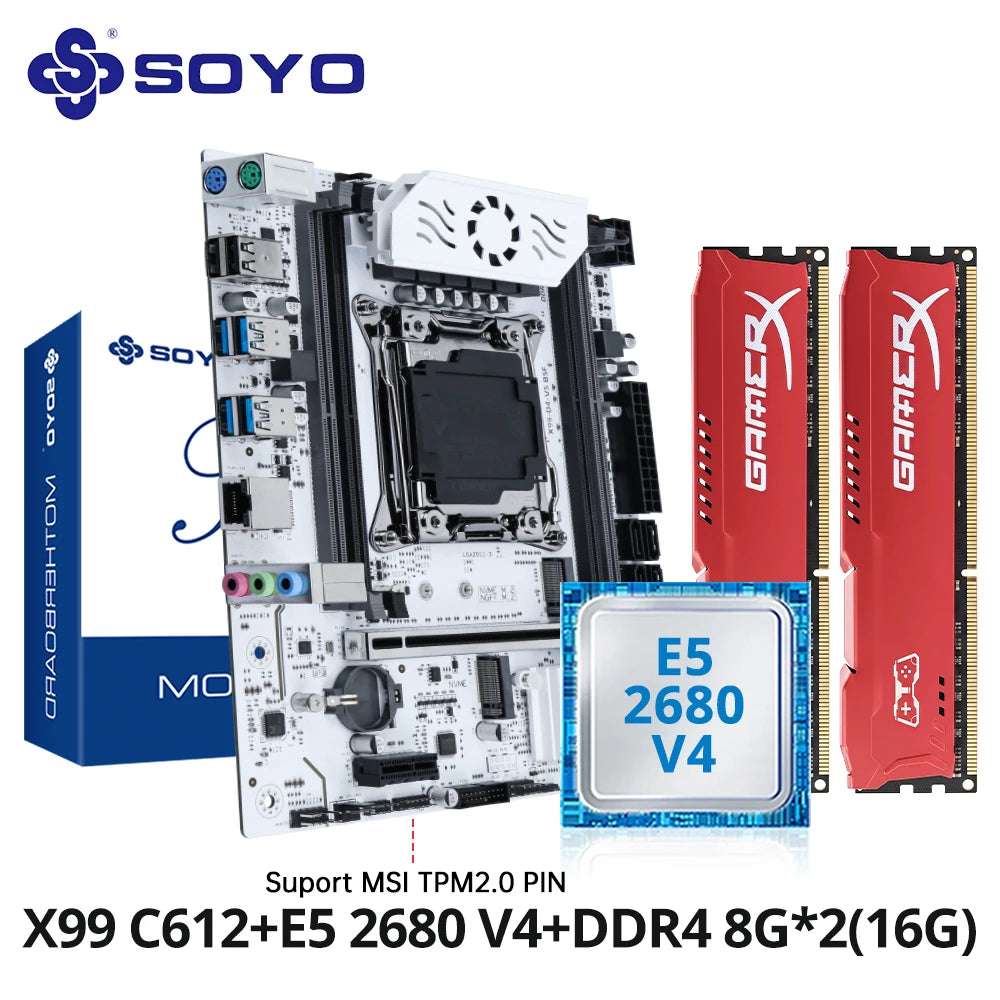 SOYO X99 jeu de carte mère C612 Chipset TPM2.0 broche avec E5 2680 V4 CPU et DDR4 16G (2*8G) 2133MHz RAM PCIE3.0 pour ordinateur de bureau