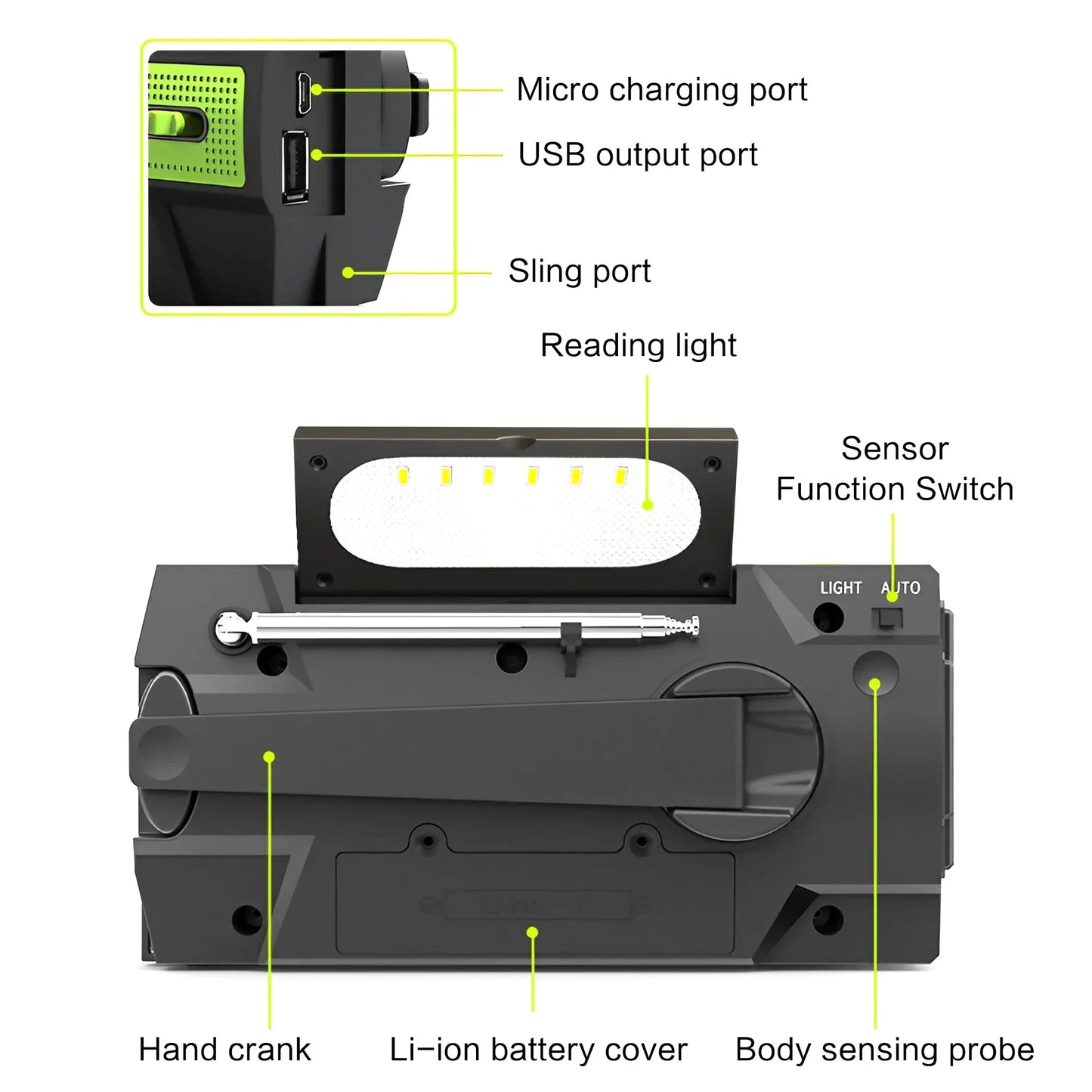 Radio météo d'urgence multifonctionnelle, FM AM WB, manivelle, charge USB solaire, batterie externe 2000mAh, lampe torche LED