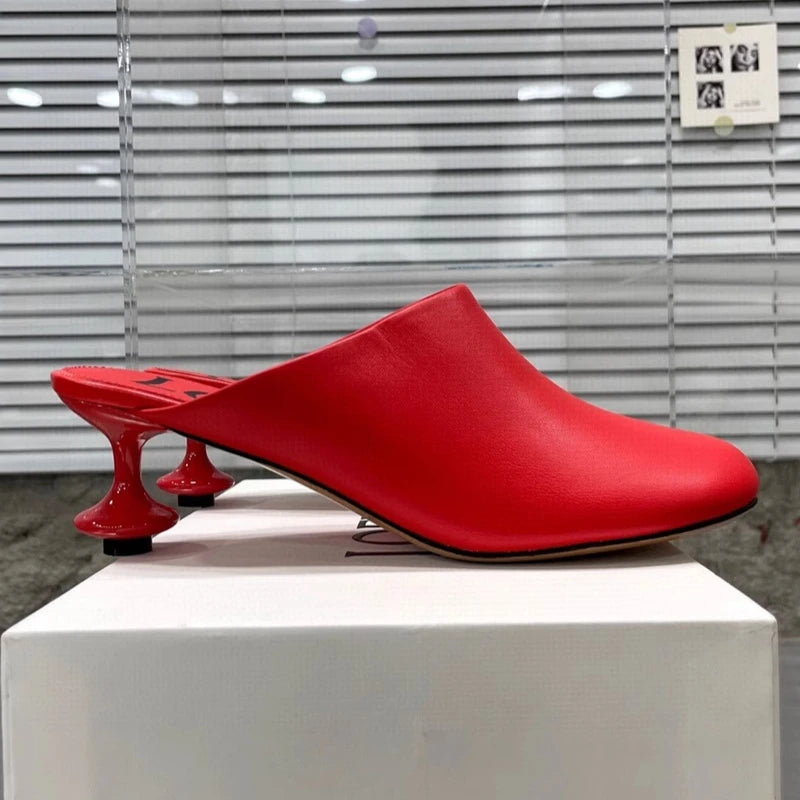 Women's Square Toe Elegant Slippers Fashion Mid Heels Leather Sandals Mule Trendy Shoes Spring Designer Dress Female Shoes