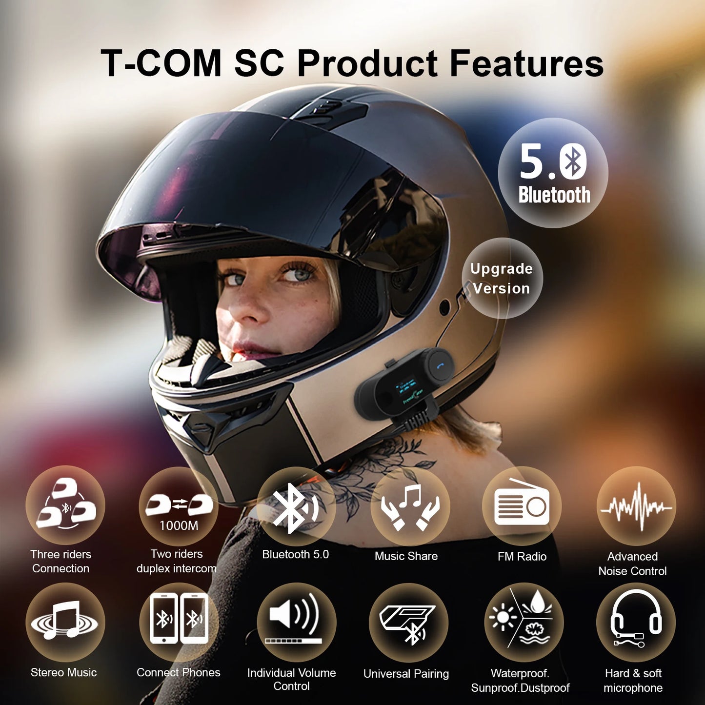 FreedConn Bluetooth Motorcycle Intercom Headset Wireless Motorbike Interphone LCD Screen FM Earphone