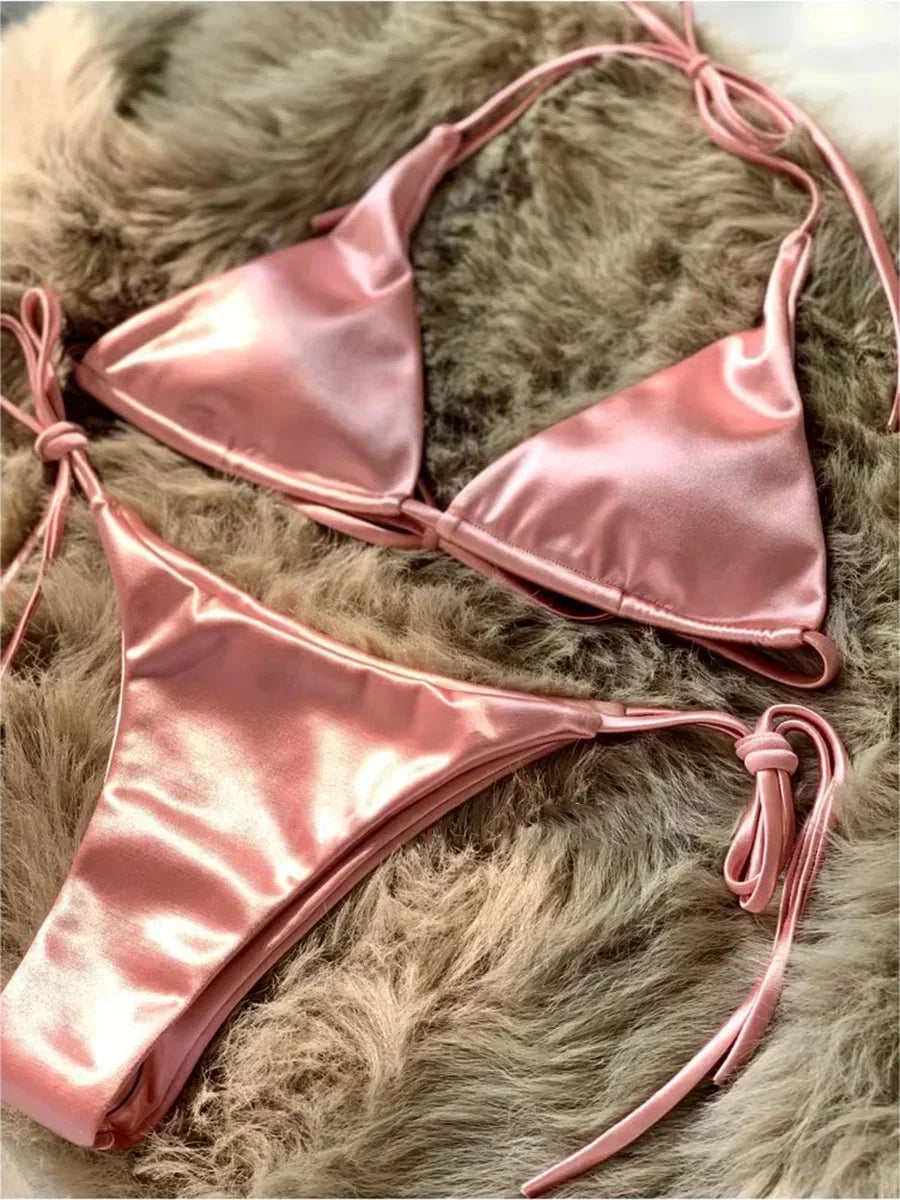 Licou brésilien métallique Satin Bikini femmes maillots de bain femme maillot de bain deux pièces Bikini ensemble coupe haute maillot de bain maillots de bain