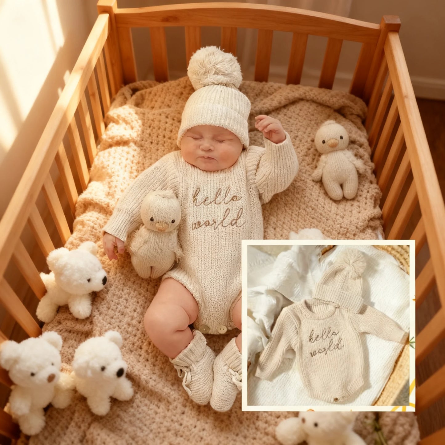 Hello World – pelele de punto para recién nacidos con gorro de pompones a juego, suéter para bebés niños y niñas, conjuntos para sesión de fotos, HD