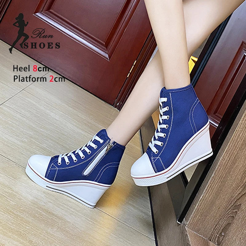 Women's Canvas Sneakers Spring Autumn Lace-up Platform Shoes Women's High Platform Casual Shoes Zapatillas Mujer Chaussure Femme
