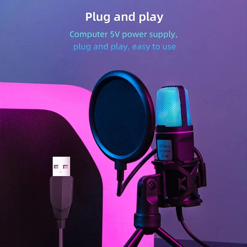 Microphone USB RGB à condensateur avec réduction de bruit – Micro gaming pour podcast et studio