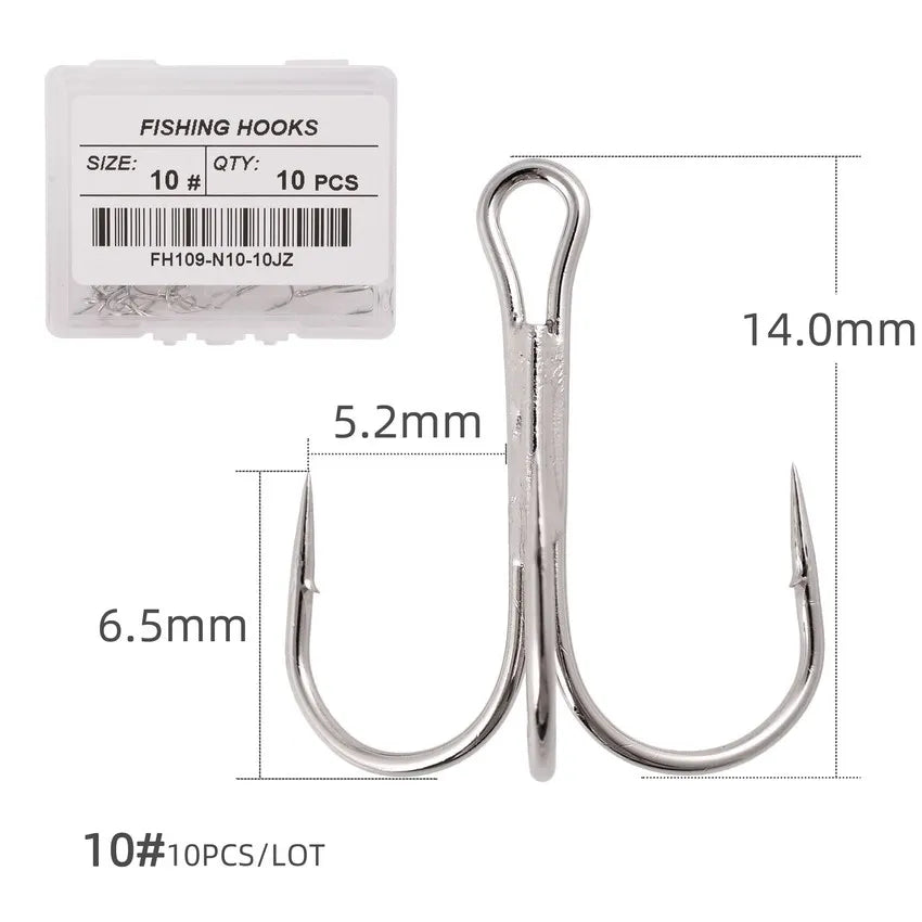 Hameçons triples de pêche aiguisés blancs, matériel de pêche au poisson, outils et accessoires, 10 pièces/boîte