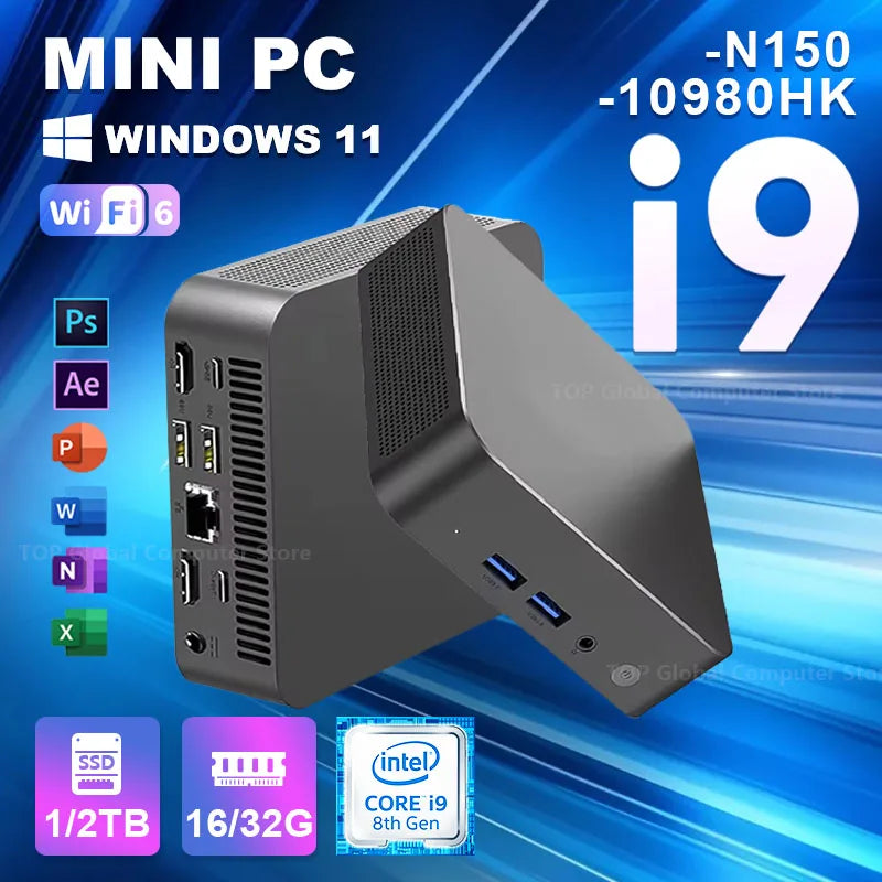 Mini PC Intel Core i9-10980HK / N150 Windows 11 — 16/32 Go RAM, SSD 256Goà 2To, WiFi 6, 4K
