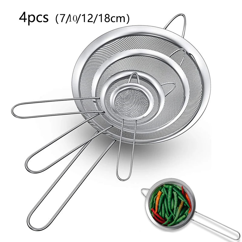 Fil Acier Inoxydable Maille Fine Passoire Huile Farine Tamis — Pâtisserie Cuisine 1 3 4 Pièces