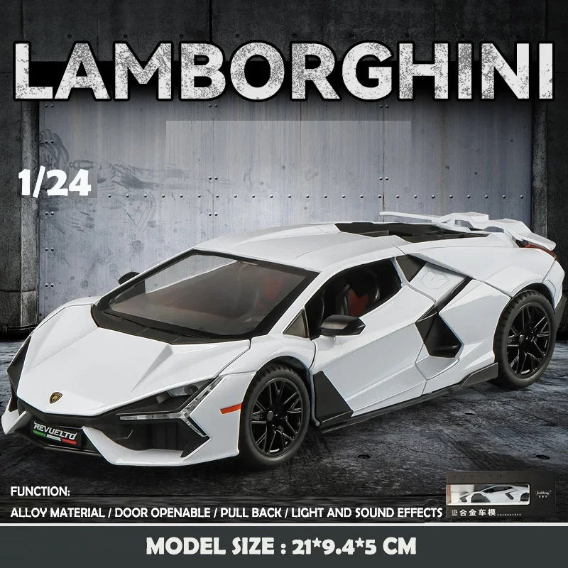 Simulation Car Lamborghini Revuelto, collectible model with sound and light, ideal as a birthday gift for a boy, 1/24