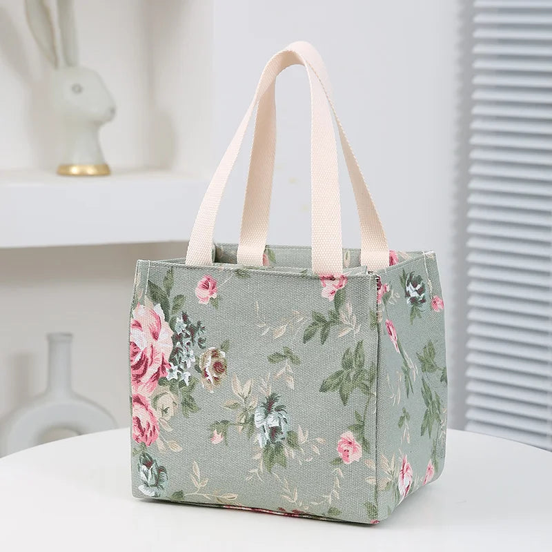 Bolsa de almuerzo estética con estampado floral, bolsa bento aislada de gran capacidad, bolsa térmica para la escuela, el trabajo, los viajes y pícnic