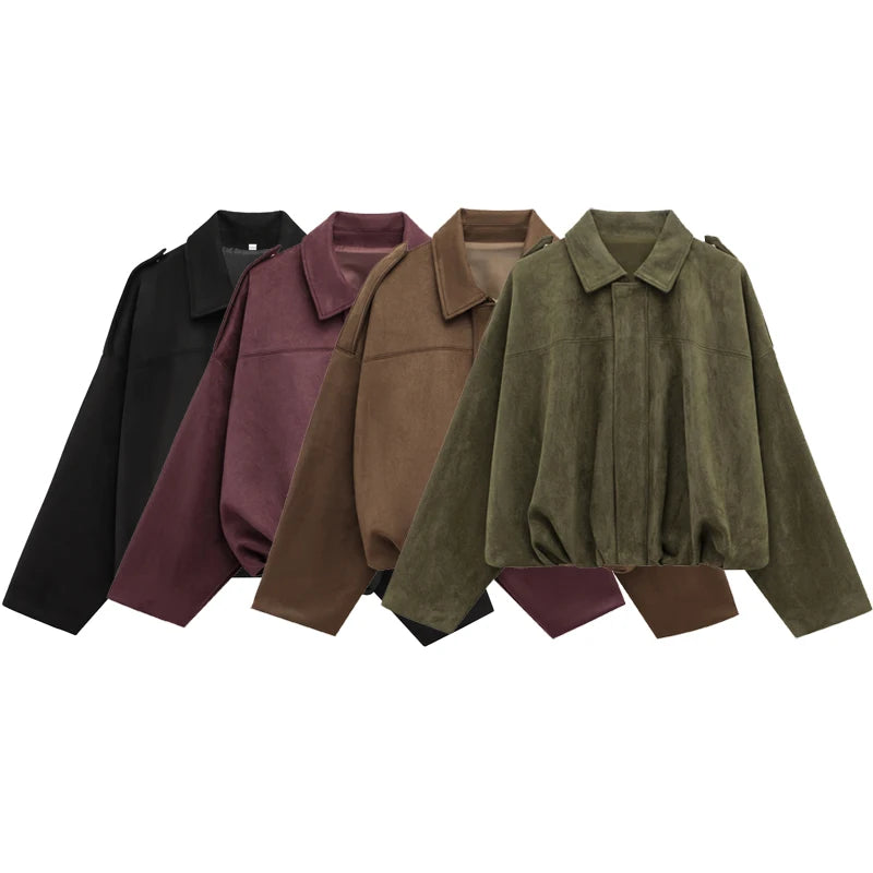 HXAO femmes Bomber veste revers fermeture éclair manches longues veste en daim femmes 2025 haute rue recadrée vestes de course manteaux vêtements d'extérieur