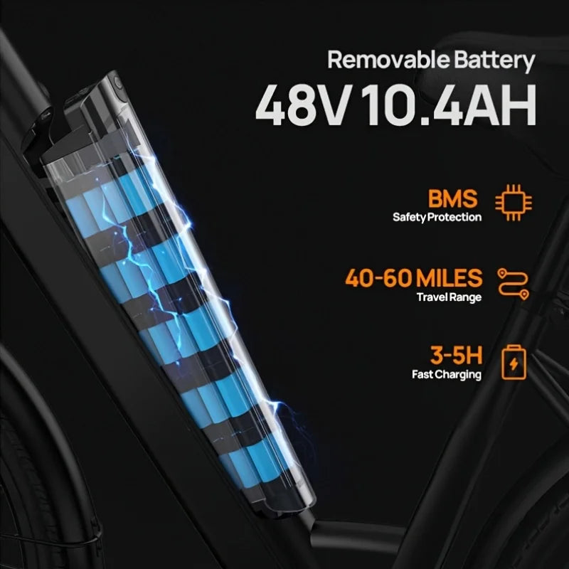 Vélo Électrique 750W 48V 10,4Ah 26 Pouces — Batterie Amovible 20 MPH 7 Vitesses