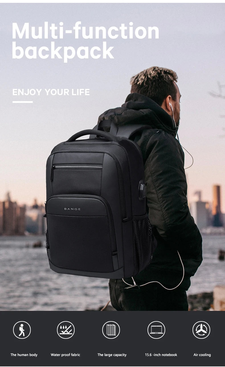 BANGE léger 15.6 pouces sac à dos pour ordinateur portable étanche USB Port de Charge multifonctionnel voyage randonnée sac d'école Mochila pour hommes