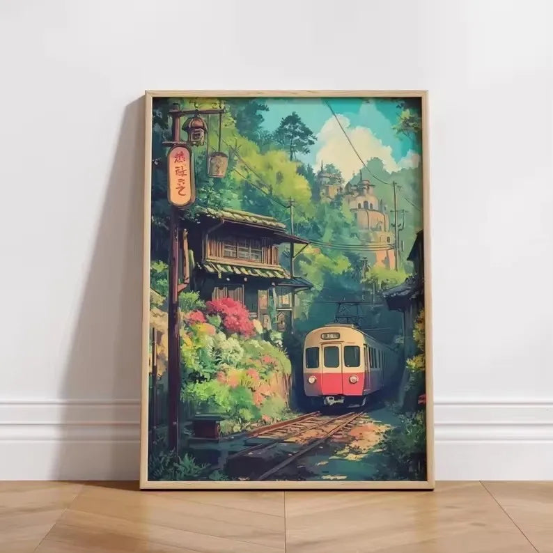 Lienzo impreso de paisaje japonés retro, arte asiático, póster de arte de pared de ferrocarril, sala de estar moderna, dormitorio, baño, decoración del hogar