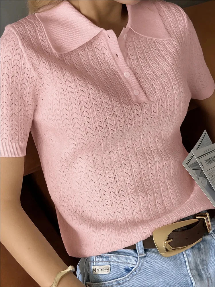 T-shirt femme en maille ajourée 2026 — manches courtes, décontracté, col à revers, tendance, uni