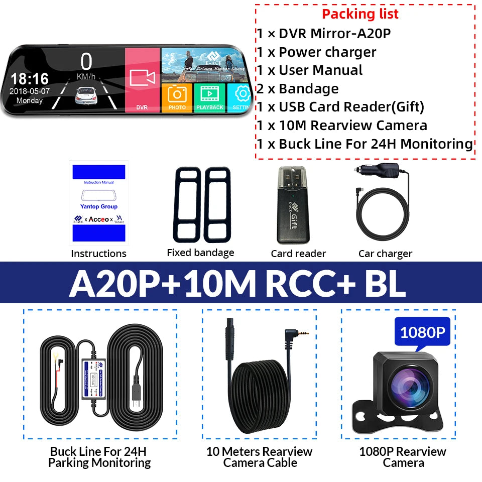Dashcam Tactile 24H Parking — Double Objectif Avant Arrière Rétroviseur Boîte Noire