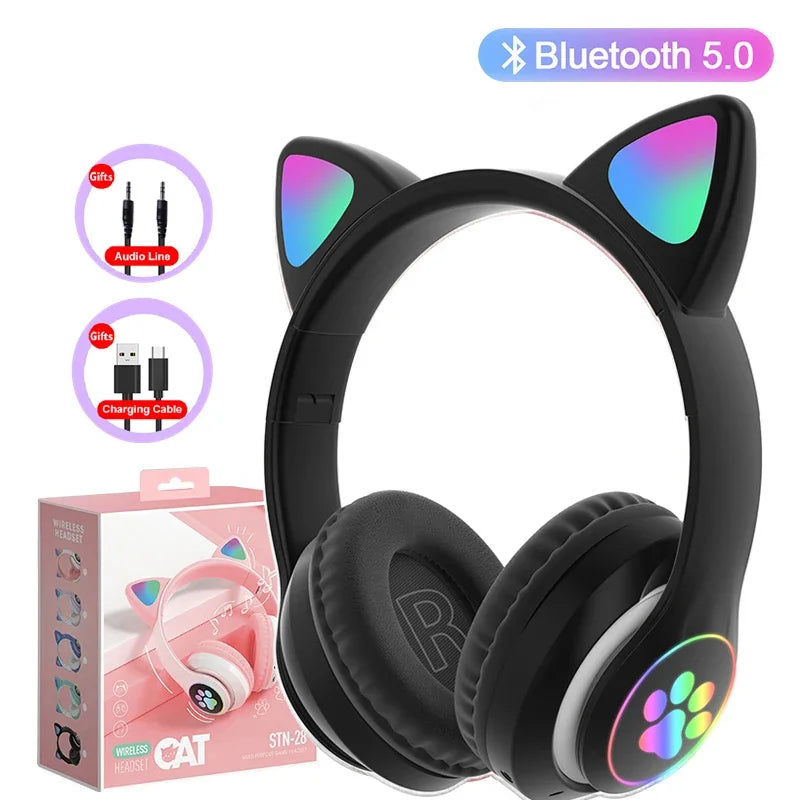 Auriculares estéreo Bluetooth 5.0 con orejas de gato y luz LED, compatibles con tarjeta TF y micrófono, inalámbricos, para niños y niñas, regalo de cumpleaños