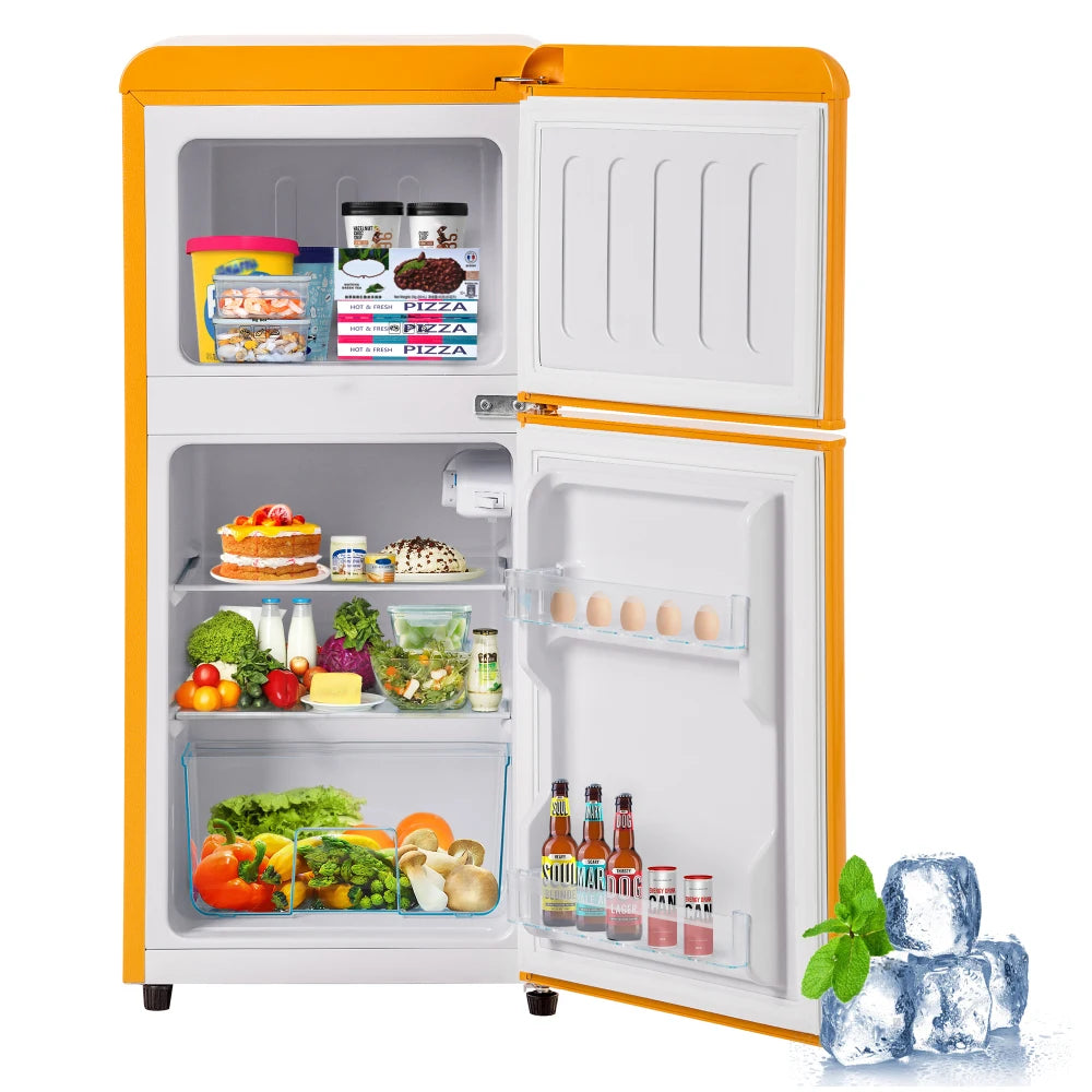 Combinaison réfrigérateur-congélateur rétro 45,5 cm de large, 2 portes 60 litres de volume total, volume de congélateur 22 litres. 102 KWh/année,