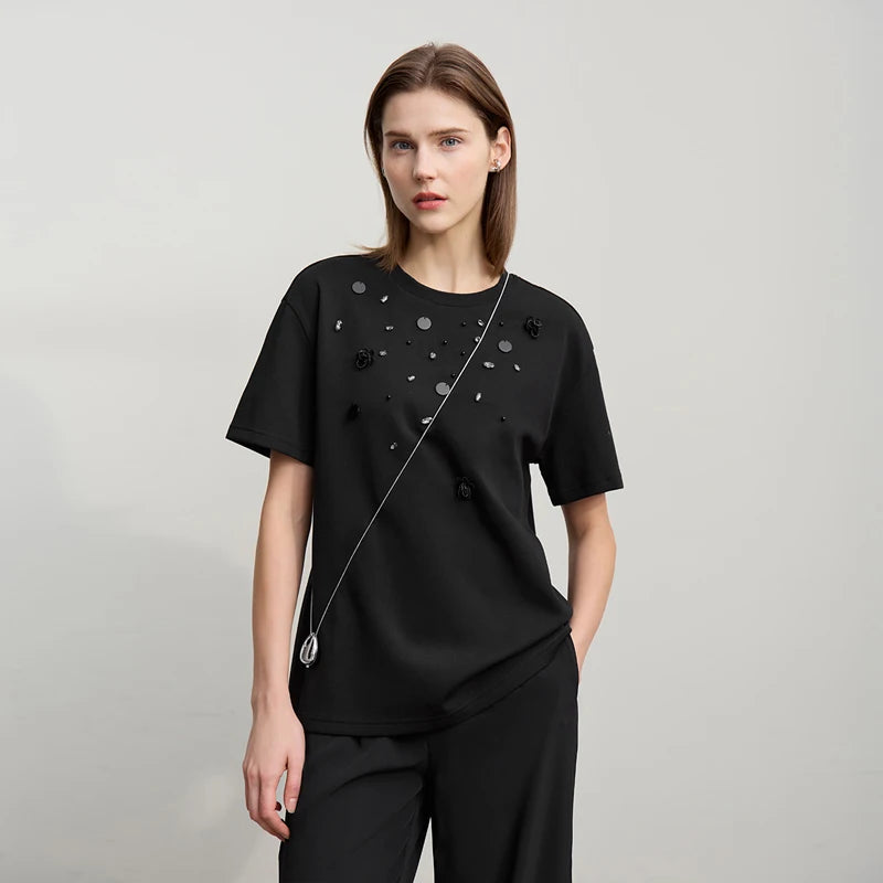 T-shirt femme 2026 — col rond, perle tridimensionnelle, fleur, diamant, tricot, ample