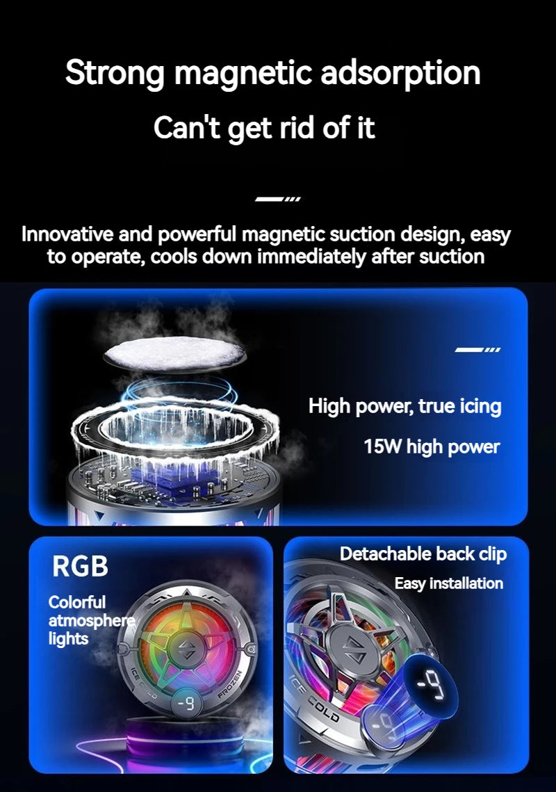 Refroidisseur de téléphone universel pour le jeu, ventilateur de refroidissement semi-conducteur magnétique avec écran numérique et lumières RVB