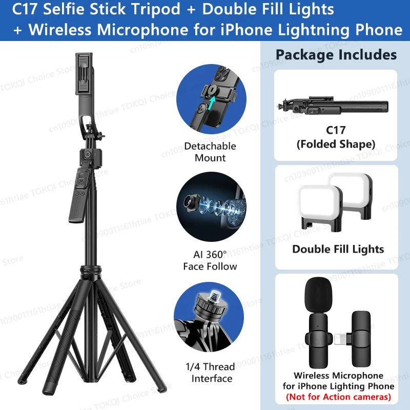 TOKQI C17 – Trépied selfie 360° avec suivi IA automatique, télécommande et lumière de remplissage