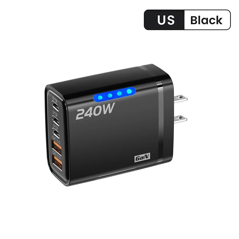 240W 5-in-1 GaN Phone Charger, 10A Fast Charging Adapter, USB to Type-C Cable, 3 PD Ports, 2 USB Ports, for iPhone 16 15 Pro, Xiaomi
