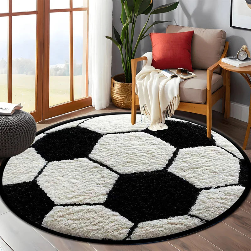 Tapis Rond Motif Ballon de Football Noir & Blanc — Polyester Antidérapant, Décoration Intérieure 40–150 cm