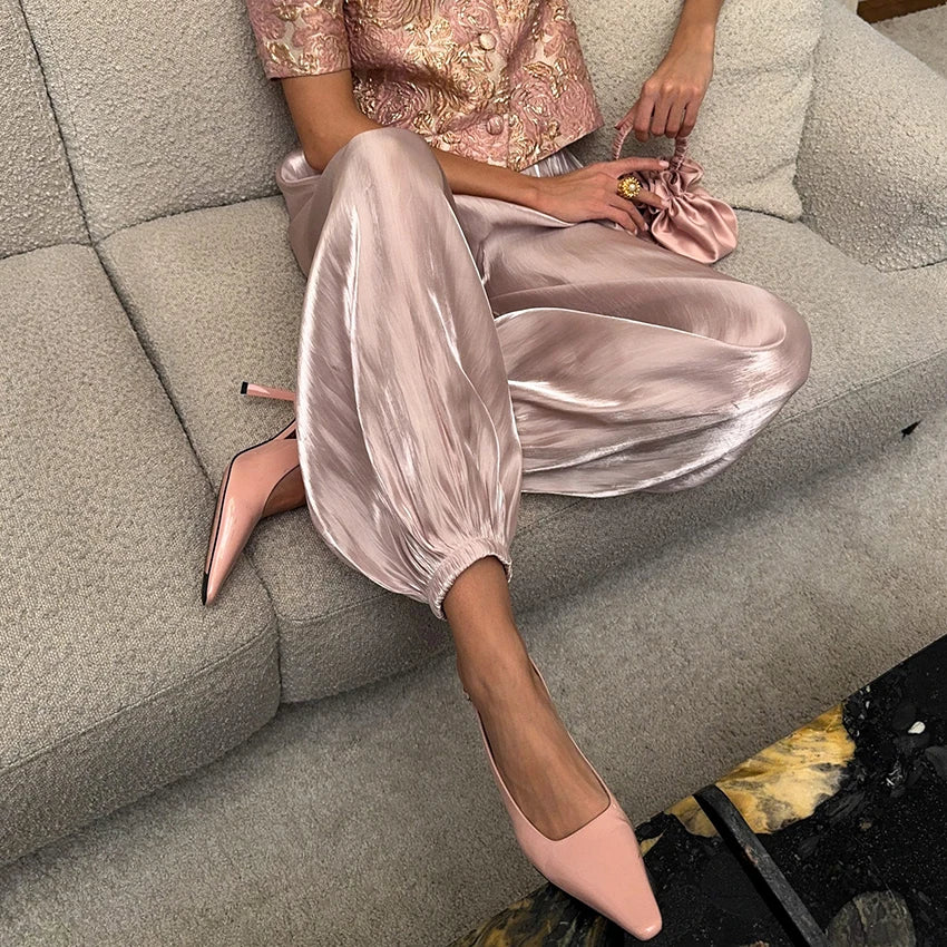 Linad élégant rose crêpe ample Bloomers pour femme rue Chic plissé pantalon femme automne Vintage taille haute pantalons longs 2025