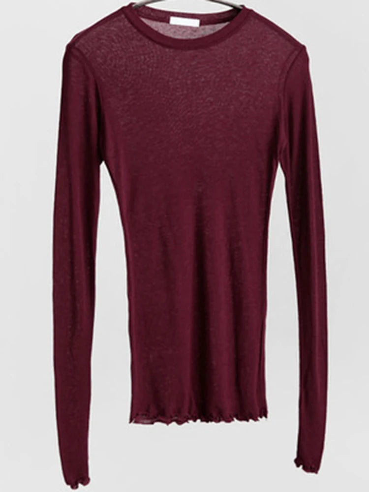Camiseta básica de manga larga de alta calidad, elástica, fina y transparente para mujer, informal y sexy