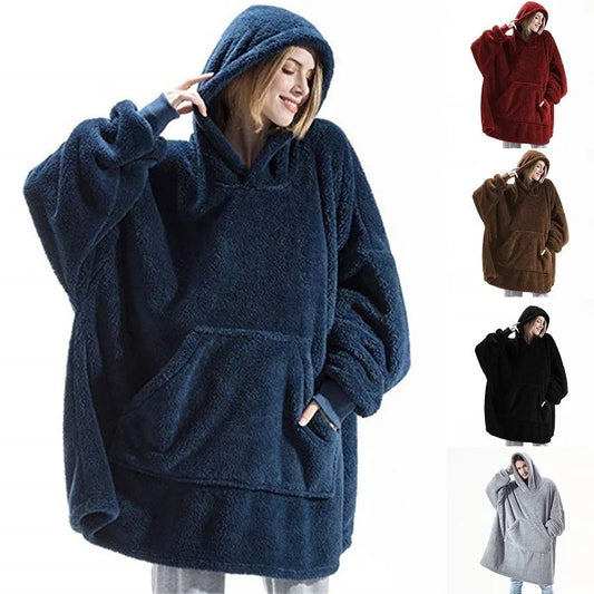 Women Winter Thick Warm Outerwear Hooded Solid Elegant Soft Double Fleece Jacket Unisex Pocket Pullover Long Hoodies Homewear