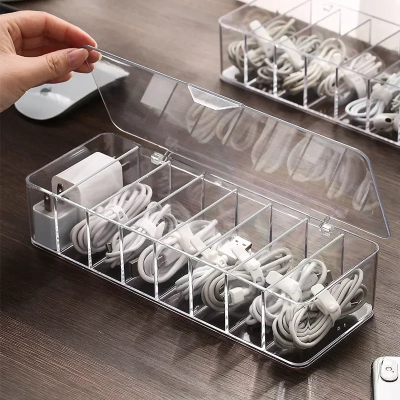 Clear Plastic Data Cable Storage Box, Household Cable, Mobile Phone Charger, Charging Cable Finishing Box, Divided Grid Box