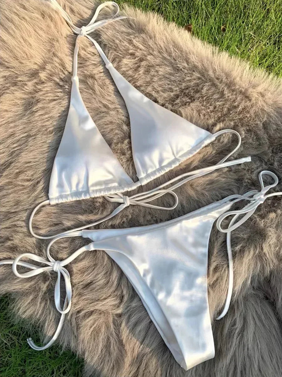 Licou brésilien métallique Satin Bikini femmes maillots de bain femme maillot de bain deux pièces Bikini ensemble coupe haute maillot de bain maillots de bain