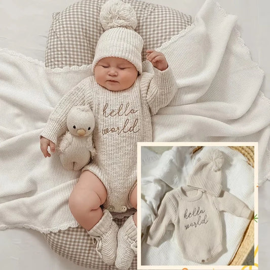 Ylsteed Hello World mameluco de punto para recién nacido con gorro de pompón a juego, trajes de jersey para bebé niño o niña, sesión de fotos en HD