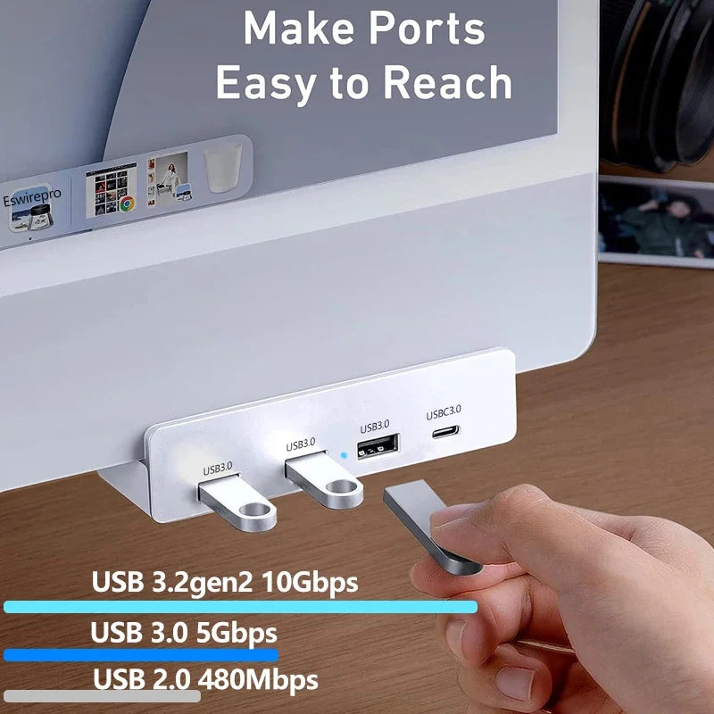 Abrazadera de concentrador USB de 10 Gbps, adaptador divisor USB3.2/3.0/2.0, estación de acoplamiento externa de múltiples clips para iMac Macbook Lenovo, accesorios para computadora de escritorio