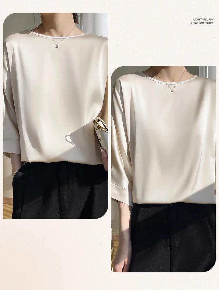Nouveauté 2026 – T-shirt basique en satin de soie à manches courtes pour femme, col rond, coupe décontractée et légère, chemisier ample pour femme