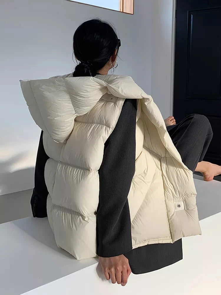 Doudoune Capuche 90% Duvet Canard Blanc Femme — Gilet Décontracté, Hiver 2024