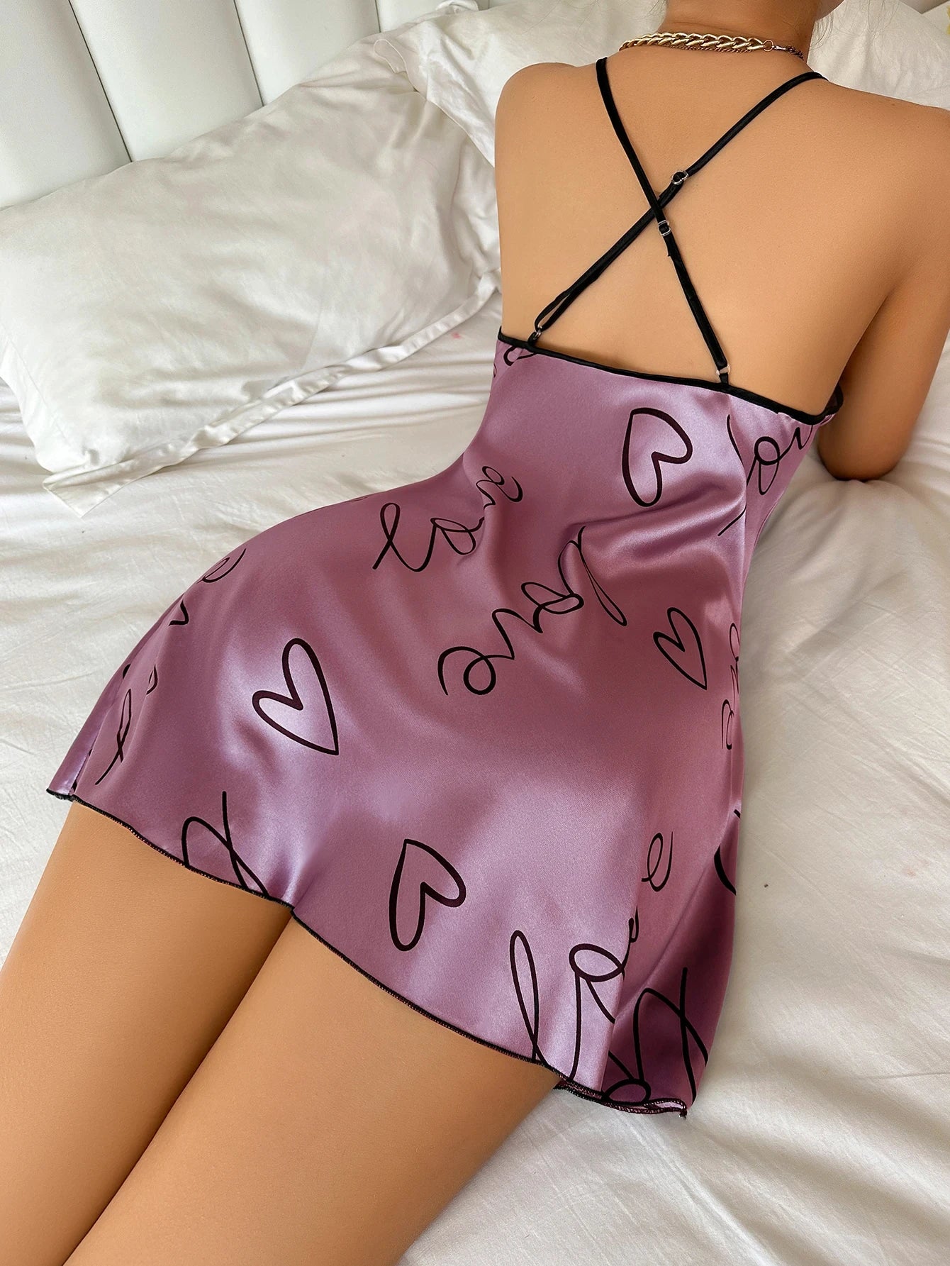 Camisón informal con estampado de letras y corazón, cuello redondo, tirantes finos, para mujer, ropa de dormir