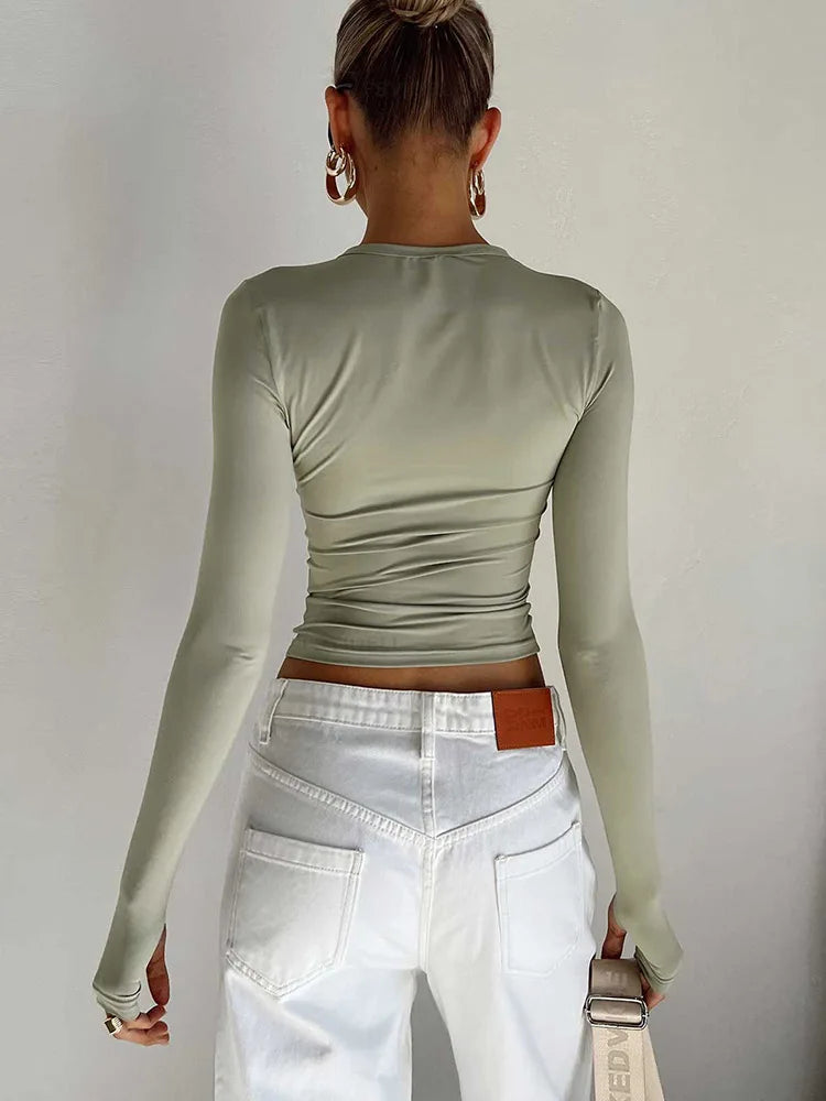 Haut Court Femme Manches Longues — Trous Pouces Streetwear Coupe Ajustée