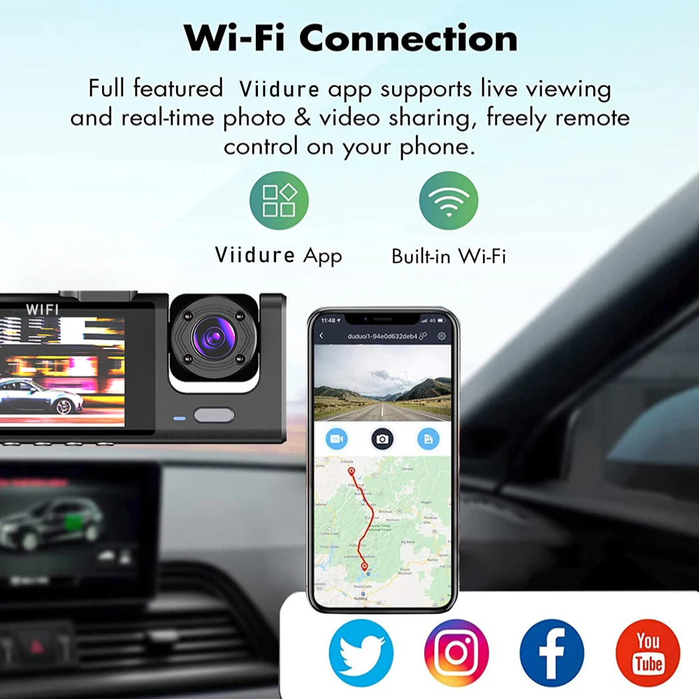 3 cámaras WIFI Dash Cam cabina de coche Dvr 1080P vehículo interior tres vías canal Dvr grabador grabador de vídeo Dashcam videocámara