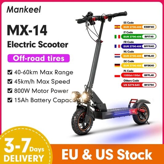 Mankeel MX-14 Scooter eléctrico todoterreno de 10" con patada de 48V 15Ah 45 km/h, patinete eléctrico plegable con motor de 800W para adultos