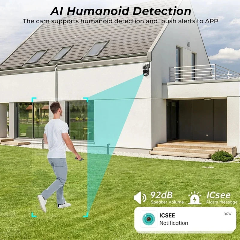 Cámara exterior Wifi PTZ 4K 8MP HD Doble lente Doble pantalla AI Seguimiento automático 4MP Videovigilancia Alarma de luz de policía iCSee