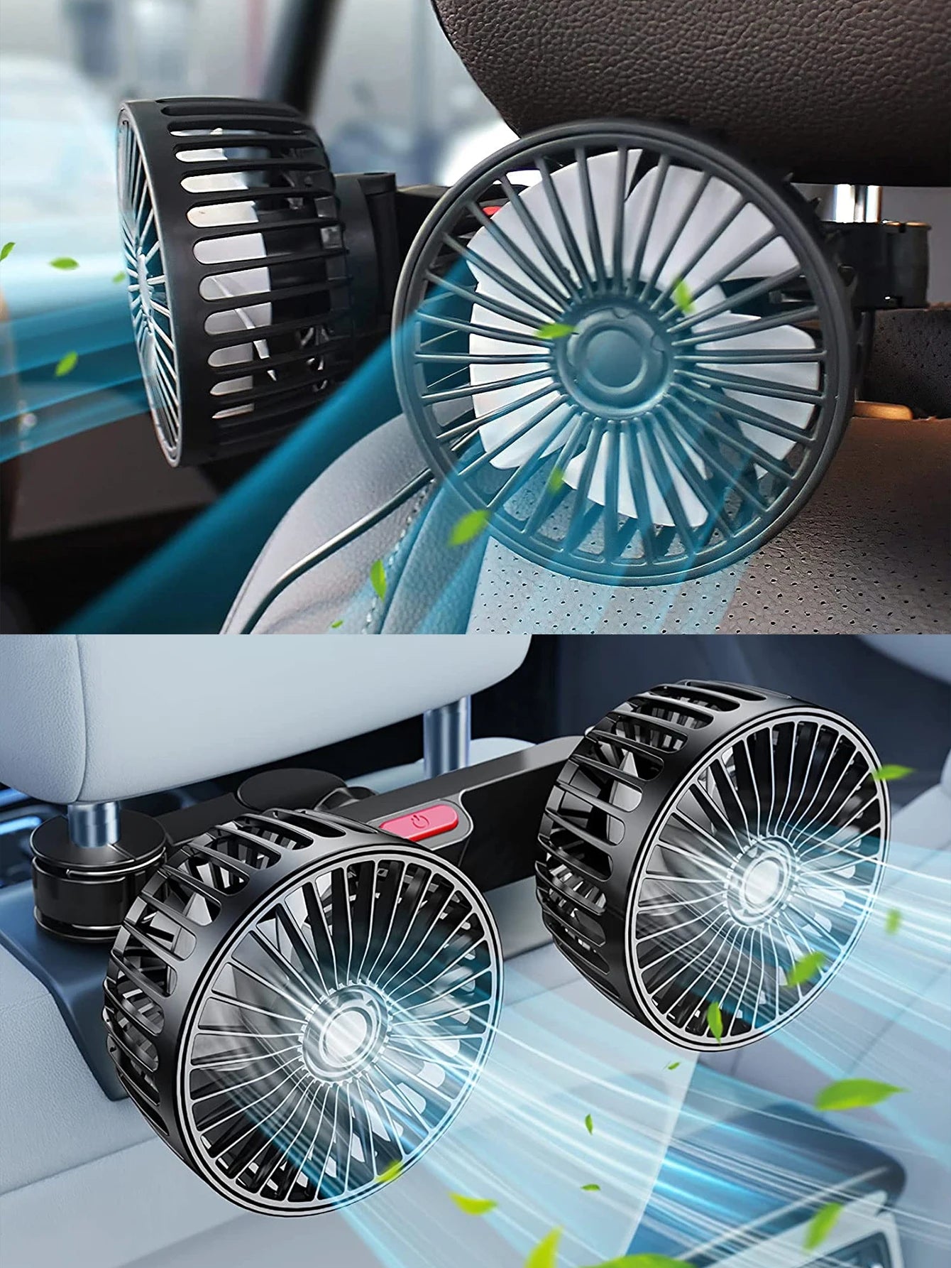 Ventilateur de voiture 360 °   Ventilateur de refroidissement arrière de siège de voiture à 3 vitesses, Charge USB, double tête, refroidisseur de cou à Rotation réglable pour accessoires de voiture et de maison