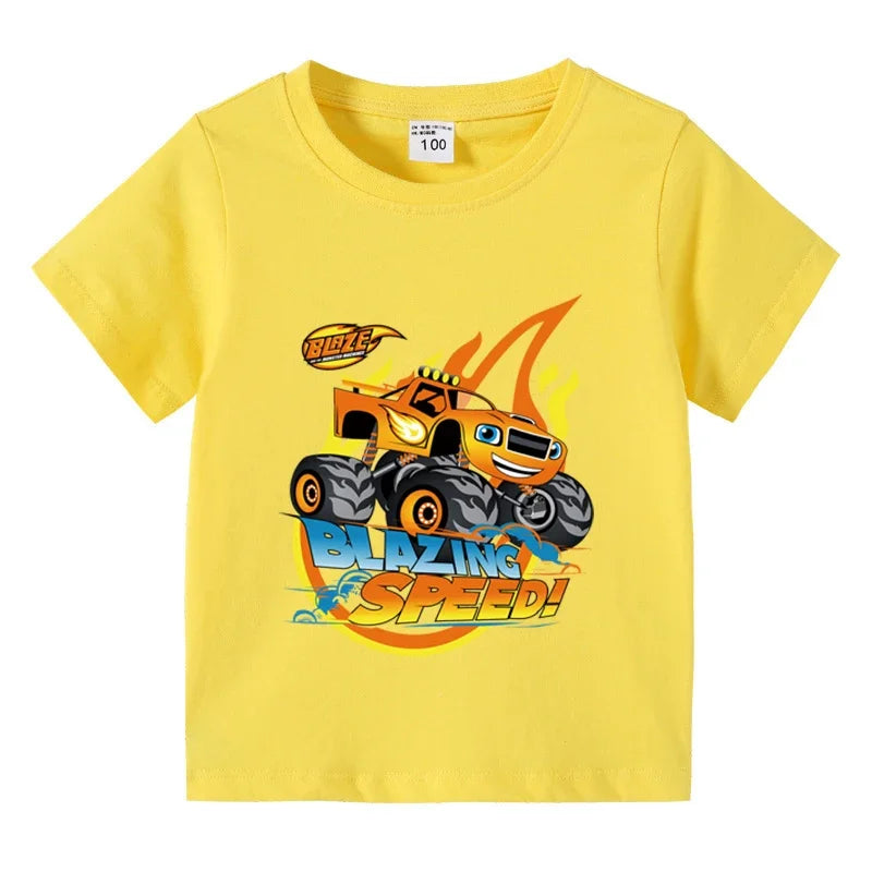 Kids' Short Sleeve Cotton T-shirt, Funny Cartoon Print, Blaze and the Monster Machines Series